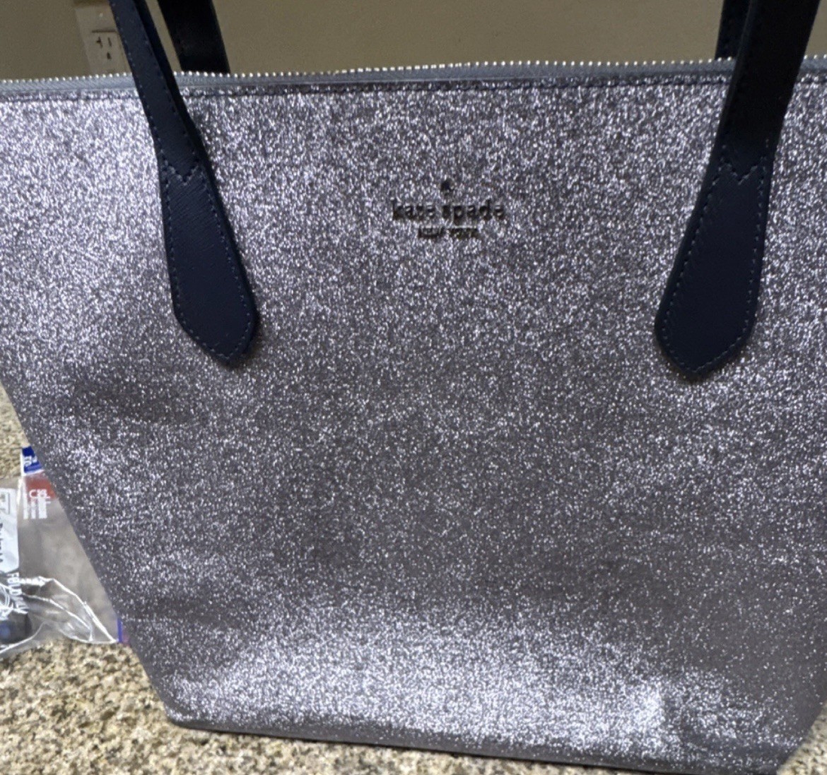 Kate Spade New York Silver Glitter Metallic Zip Top Tote Bag Medium Det Strap