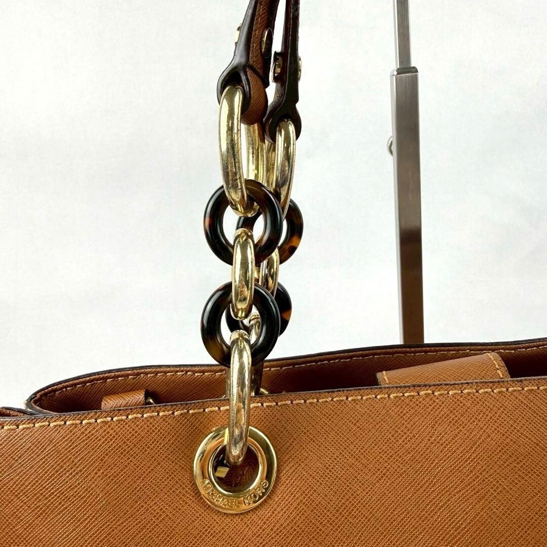 Michael Kors Brown Leather Tote Bag Gold Logo Charm Women Handbag 11.6in