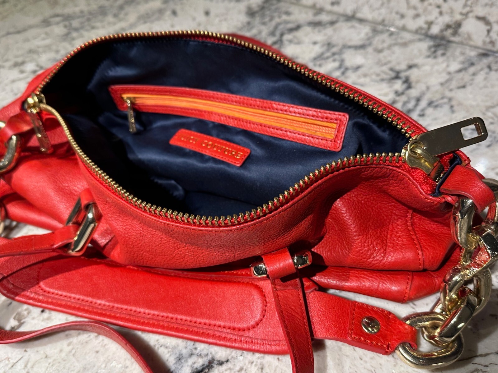 JUICEY COUTURE Vintage Handbag Y2K Red Leather Crown Gold Tone Chains Purse Bag