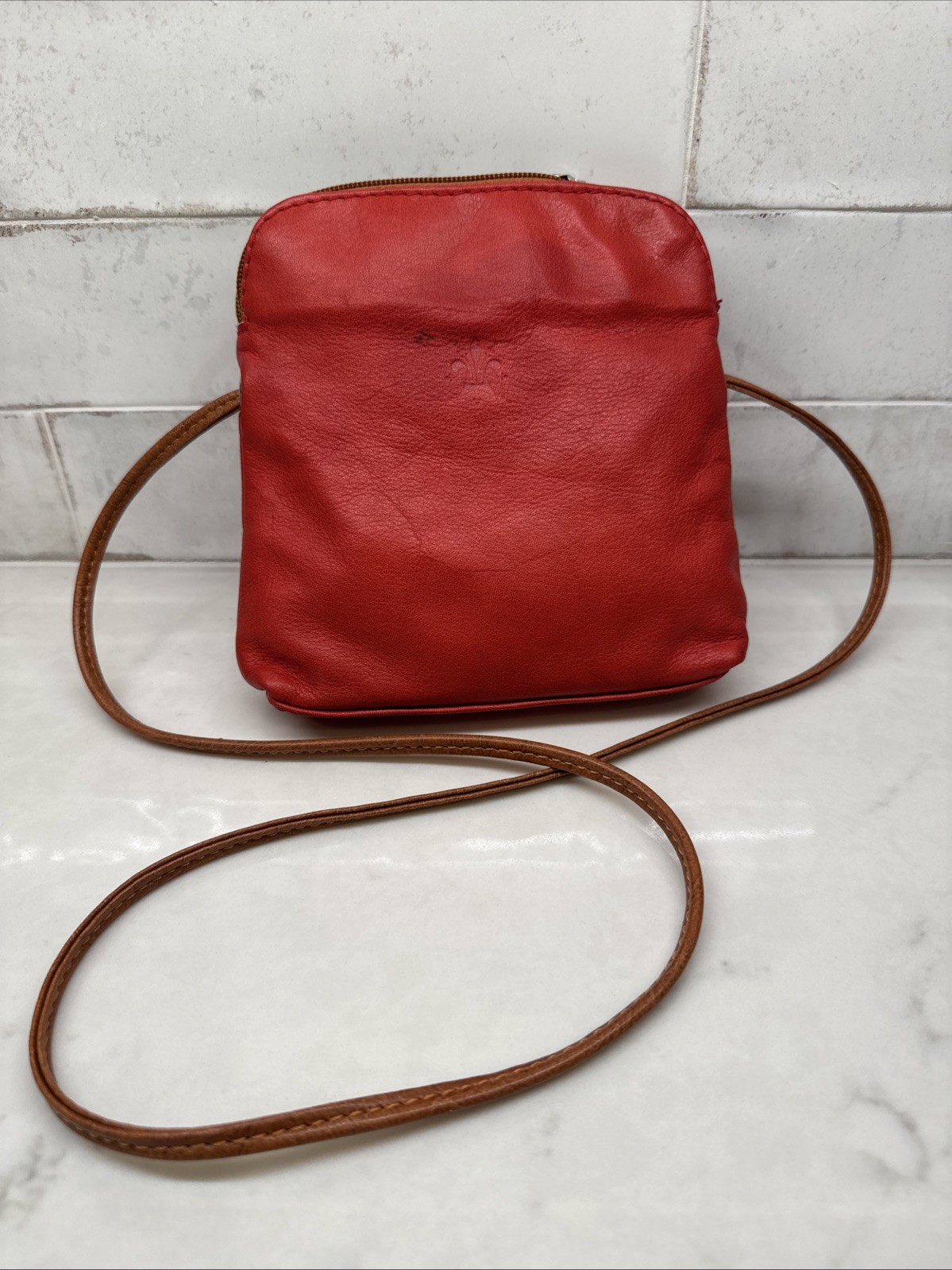 Small Red Leather Crossbody Purse With Brown Trim