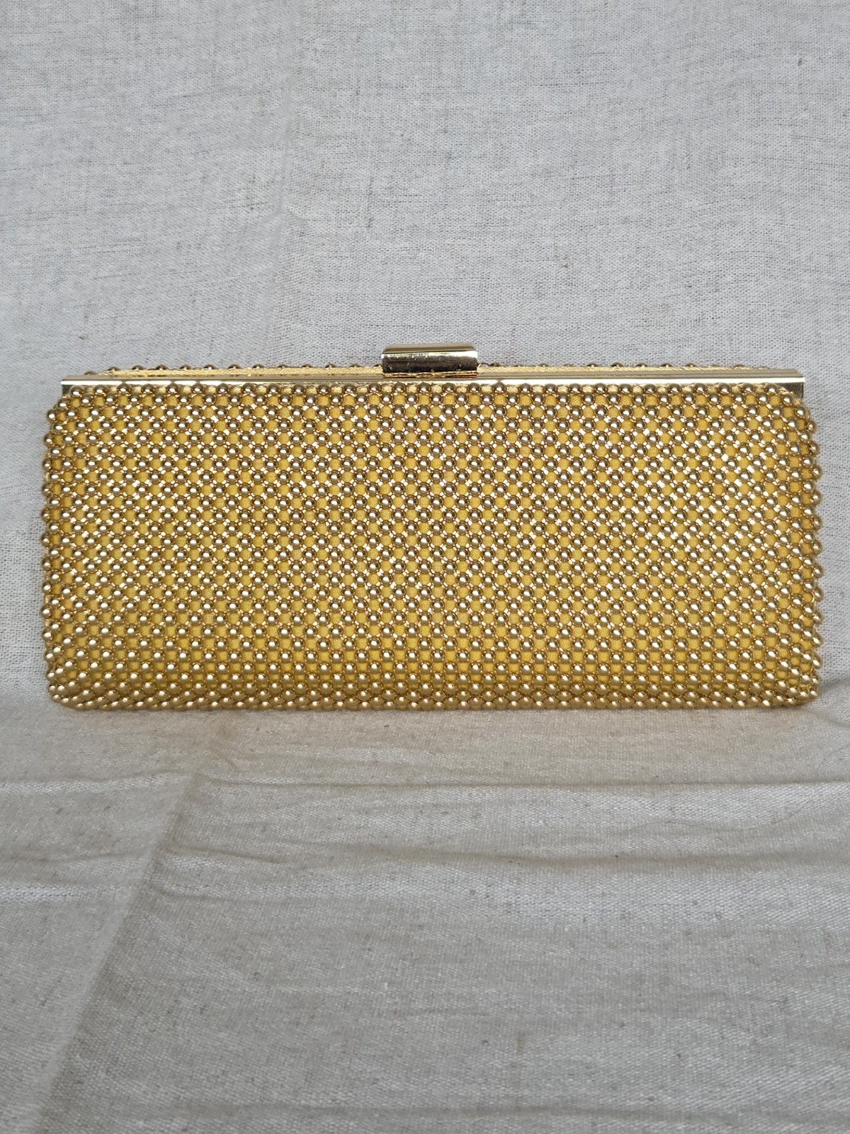 Gold Beaded Clutch Evening Bag Rhinestone Accent Chain Strap Vintage