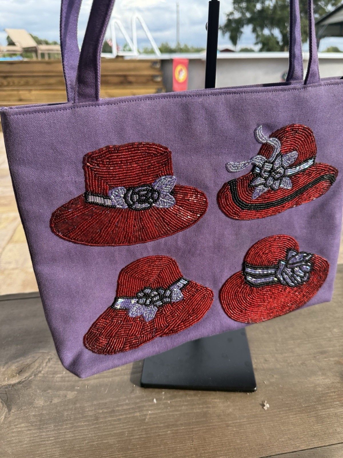 Red Hat Beaded Black Purse Tote Shoulder Bag