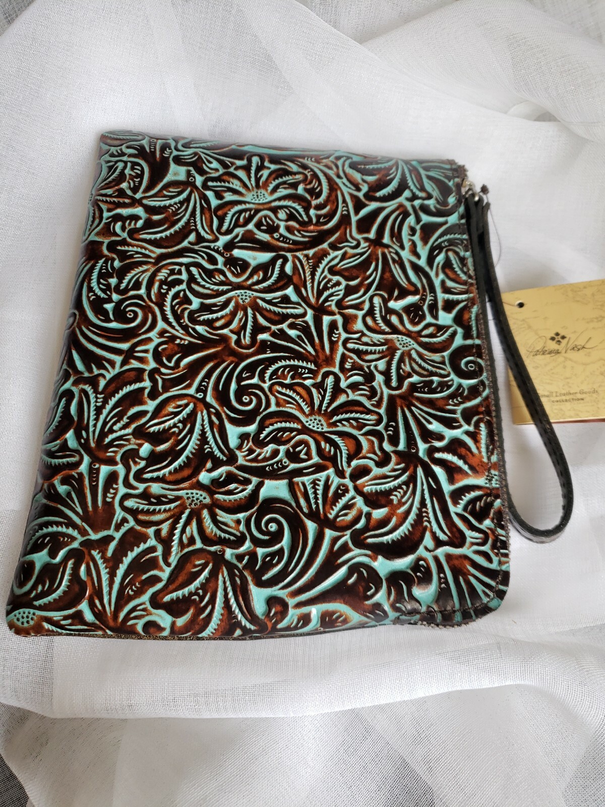Patricia Nash Cassini Wristlet Tooled Turquoise Brown Leather P349133