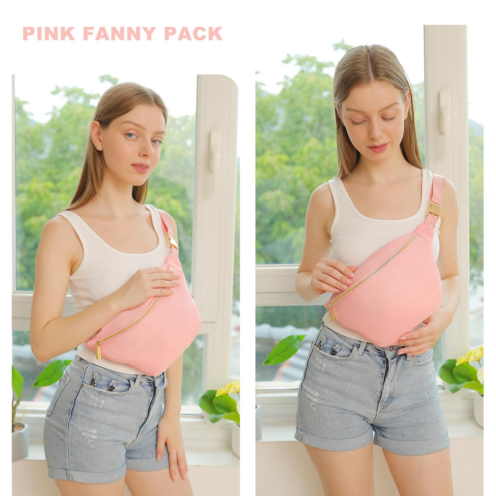 Pink Women Waist Fanny Pack Belt Travel Crossbody Bag Nylon Sling Purse