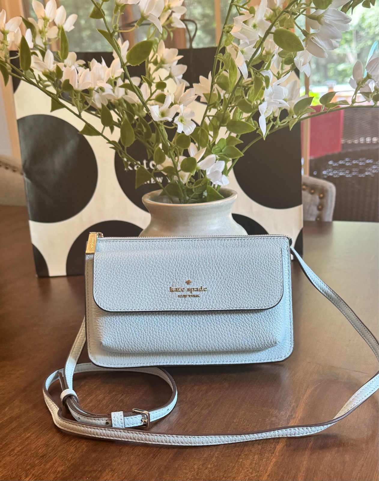 NEW Kate Spade Leila Small Flap Crossbody Pebbled Leather – Dewy Blue