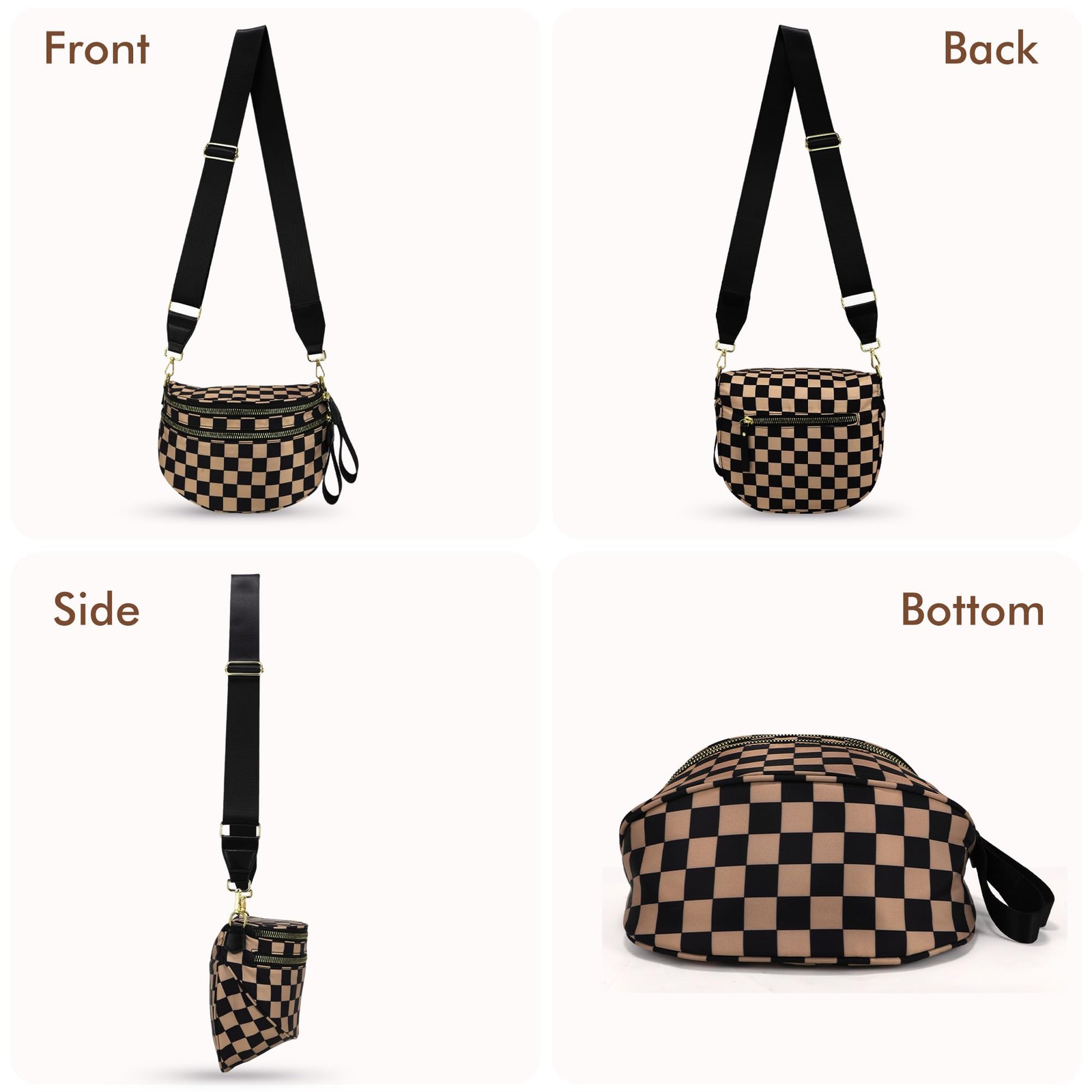 Khaki Checkered Crossbody Bum Bag Large Nylon Fanny Pack Belt Purse For Women