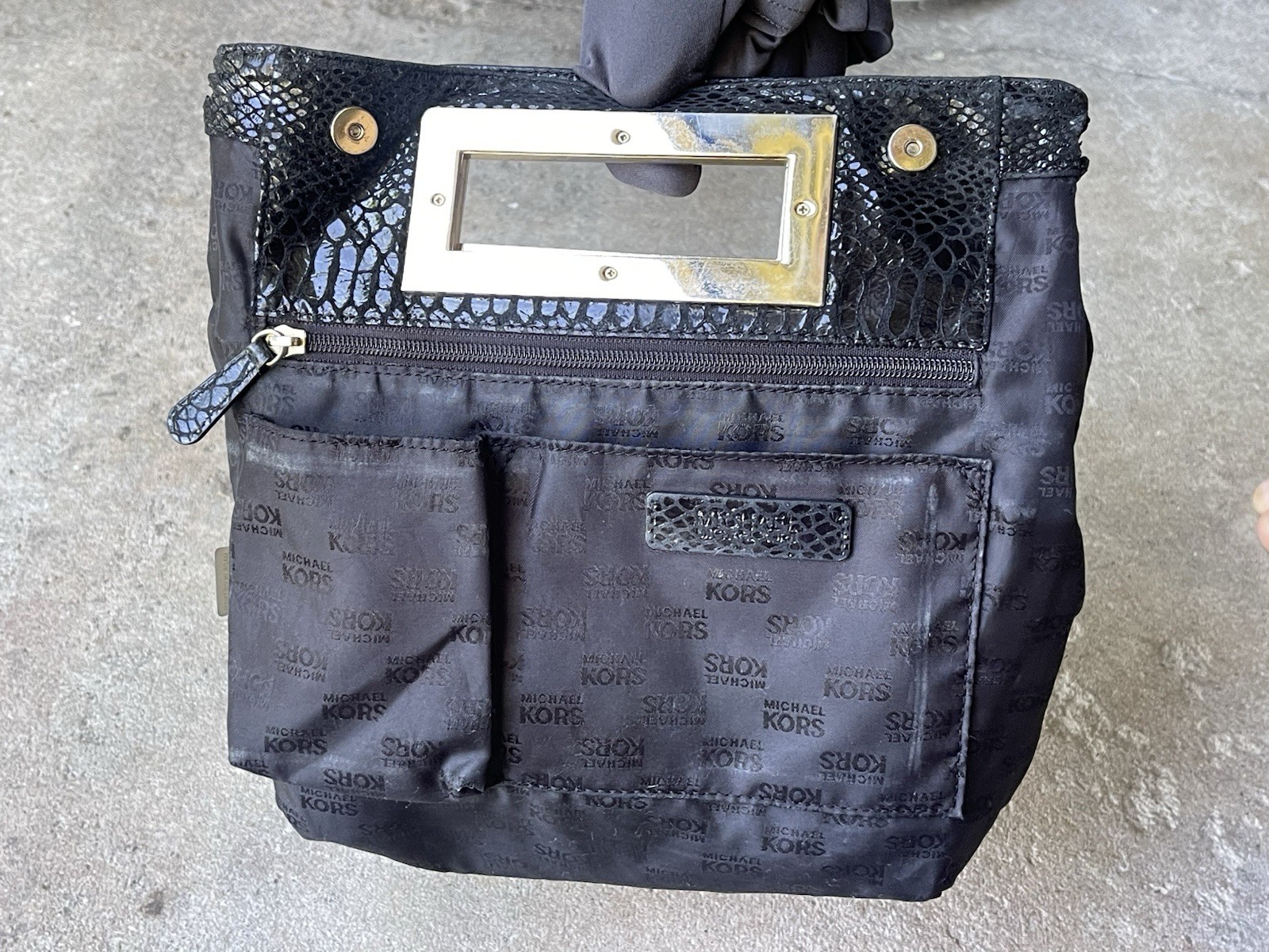 MICHAEL KORS Berkley Black Snake Embossed Leather Clutch Goldtone Handle Purse