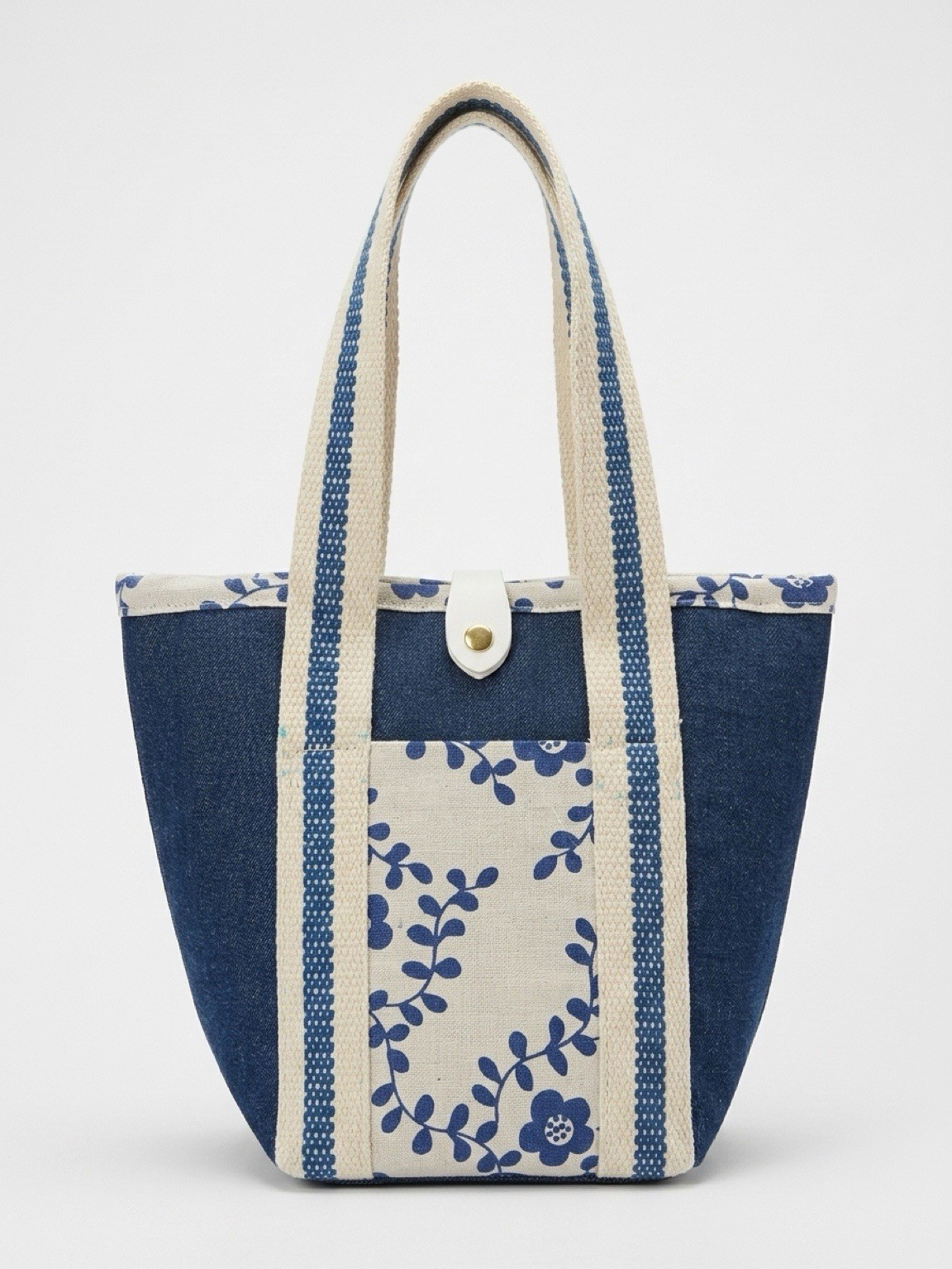 Women’s Blue & White Floral Printed Tote Bag, Double Handles, Snap, Gold