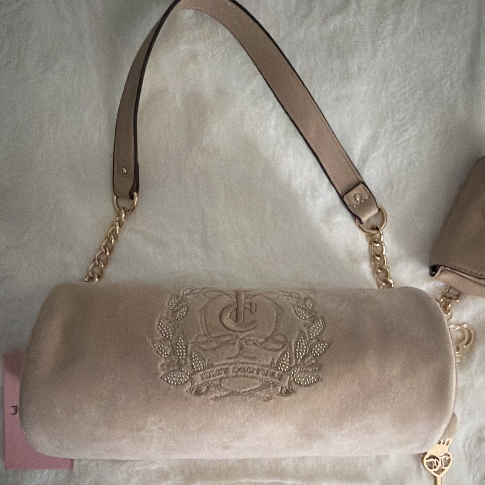 Juicy Couture Beige Cylinder Shoulder Bag Zip Logo Embroidered Lined Coin Purse