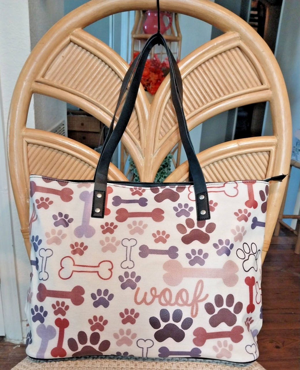 Woof and Bone Paw Print Tote Bag, Adorable for all Doggie Lovers, Cream and Tan