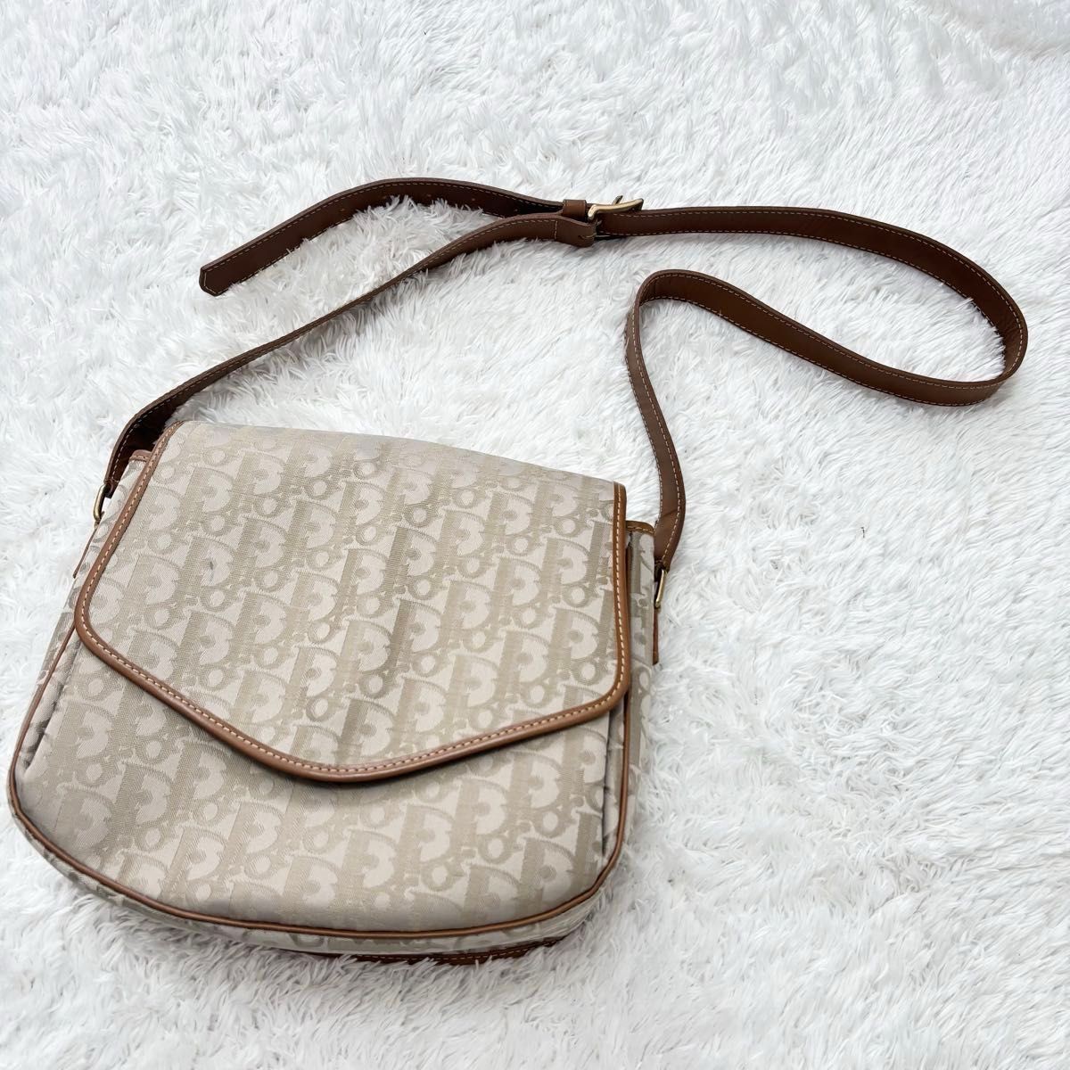 Christian Dior Good Condition Dior Trotter Pattern Shoulder Bag Beige x Brown Al