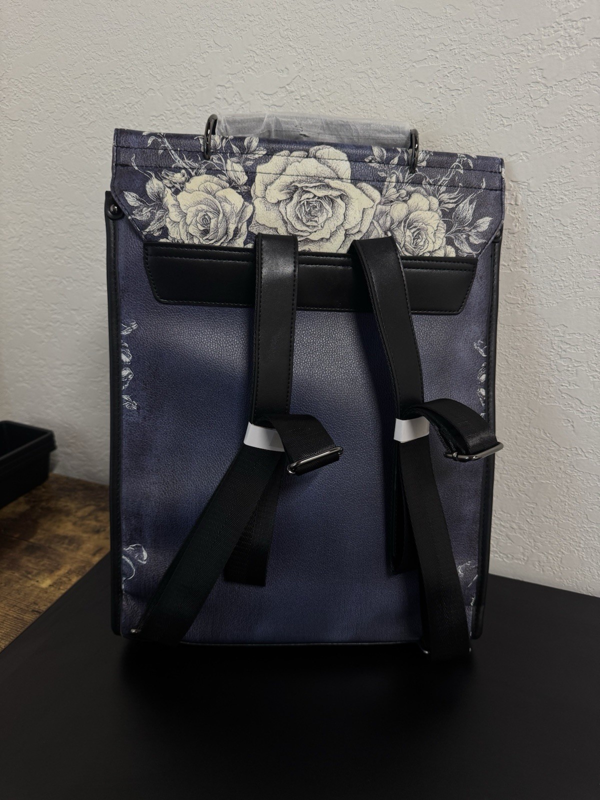 Skullette Leather Backpack in “Frostmourne”. Brand New Blue Floral Skull Design