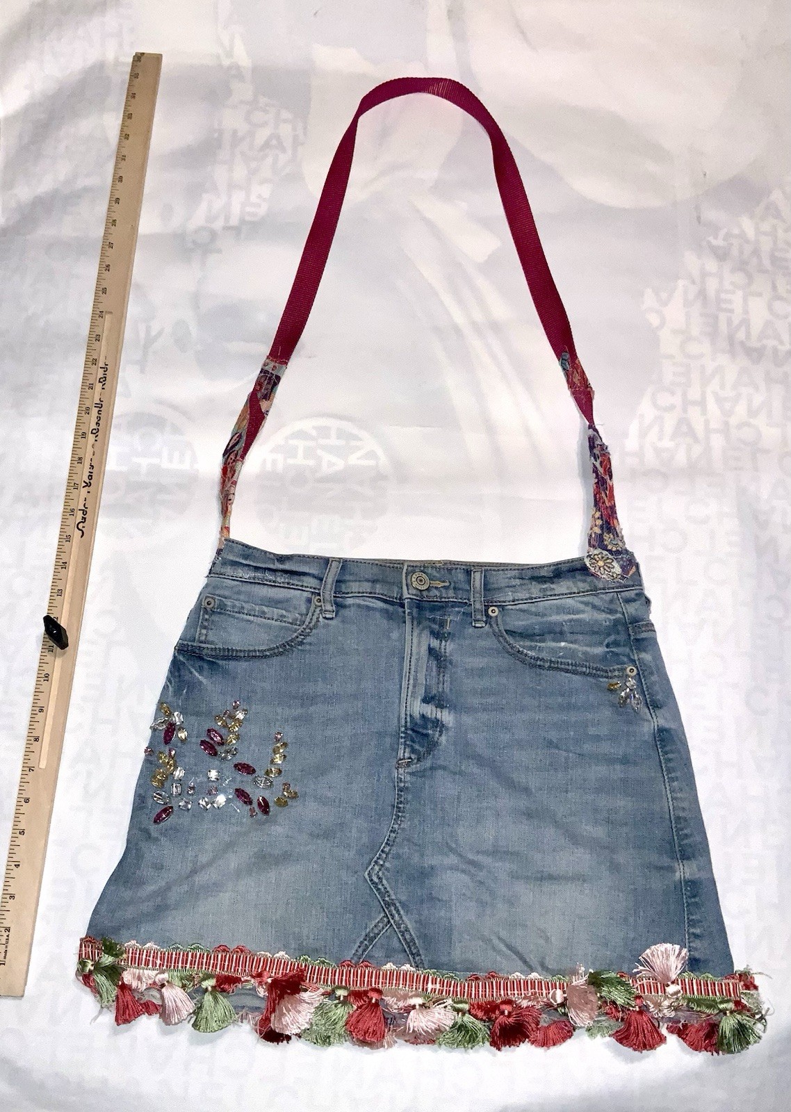 Boho Chic Denim Freestyle Custom Jean Skirt Purse Bag Hand sewn Original Tote