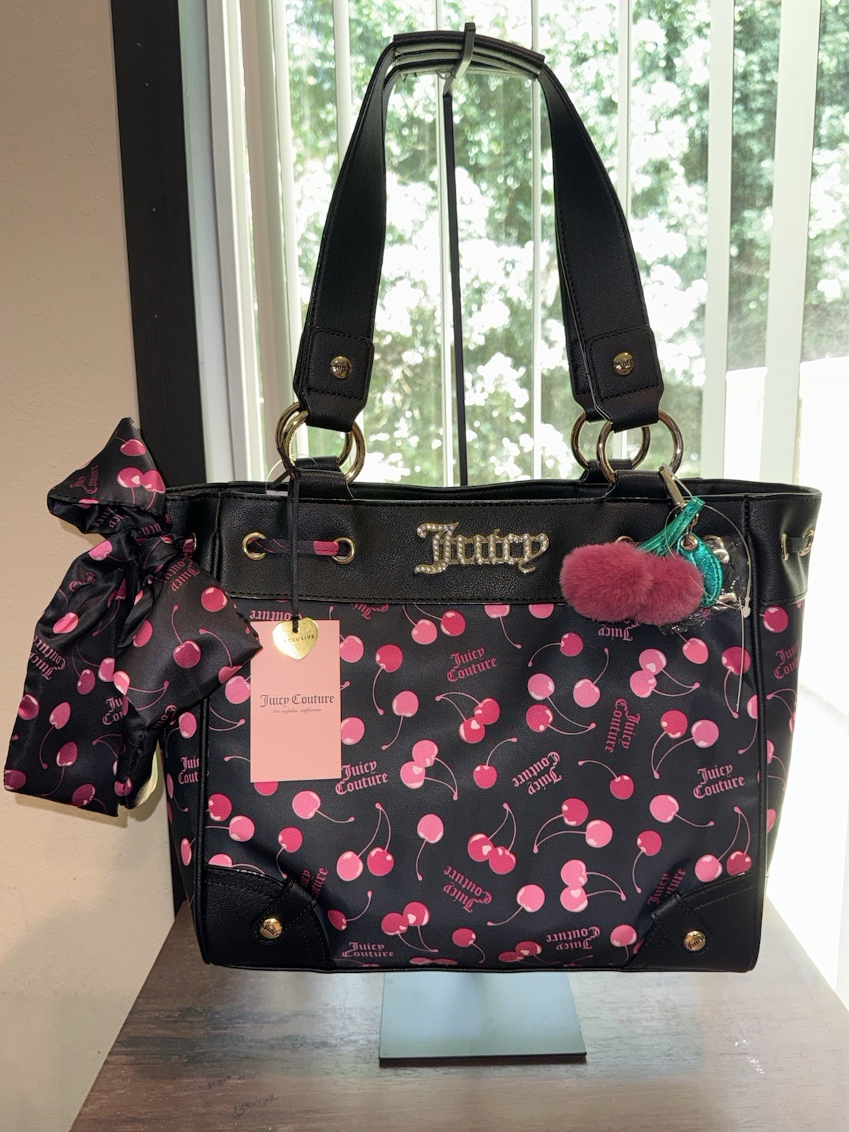 Juicy Couture Black/Pink Cherry Print Tote Bag Charm Gold Hardware Magnetic