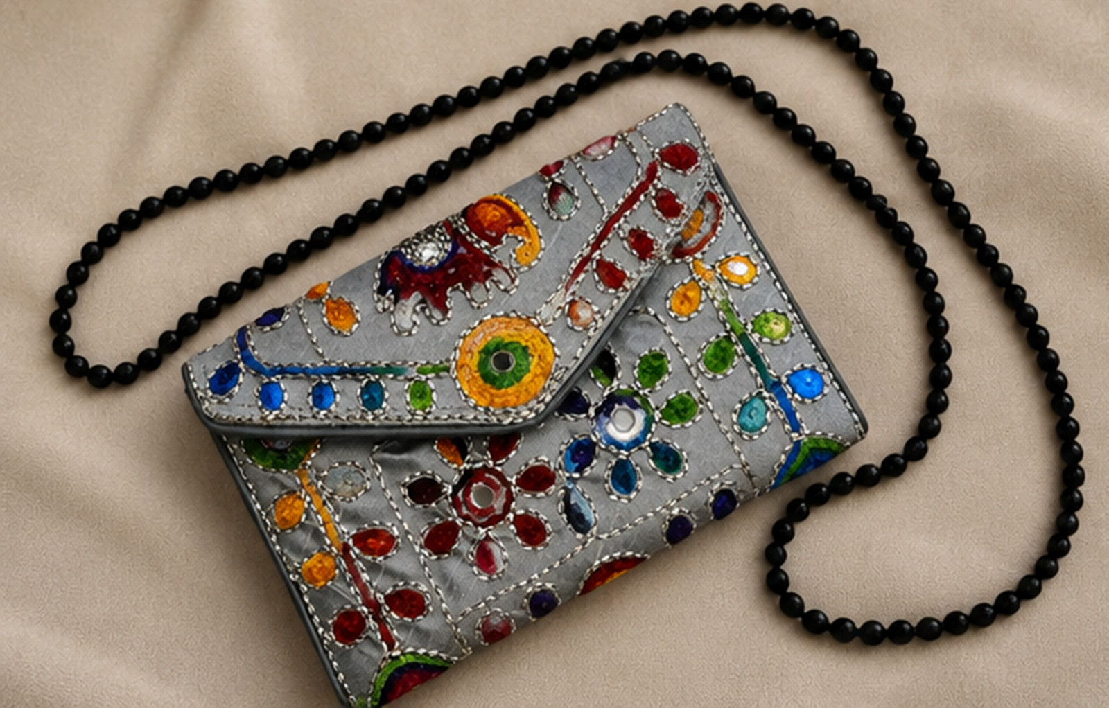 Handmade Grey Silk Elephant Embroidered Clutch, Indian Bridal Wedding Purse