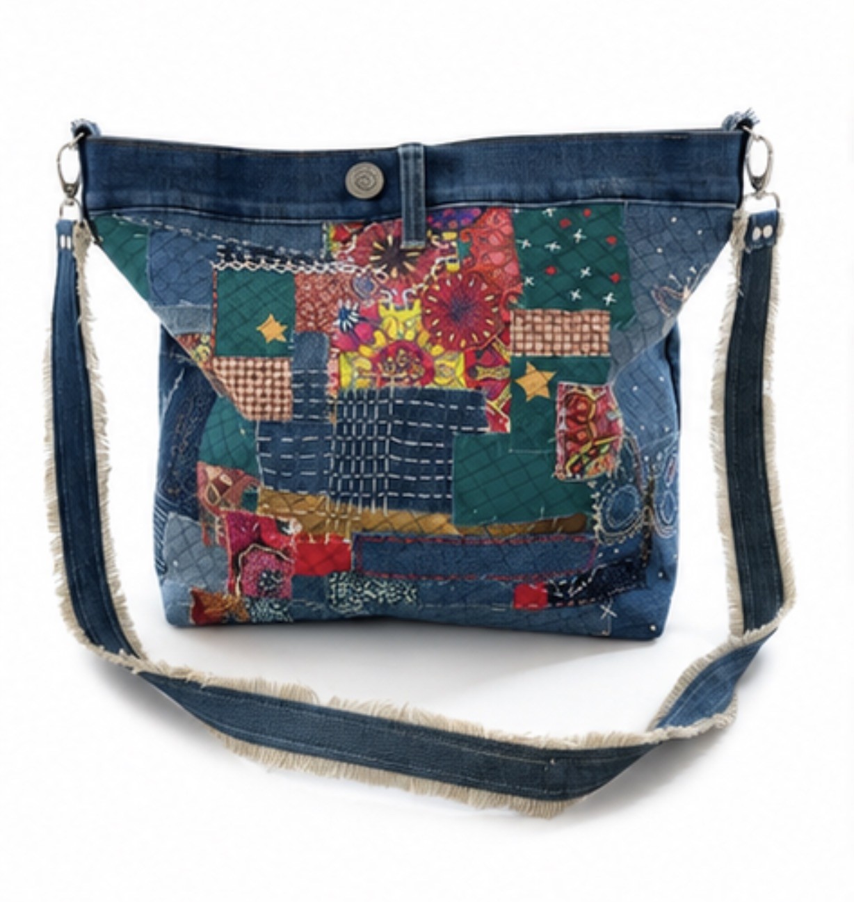Denim Hand embroidery patchwork crossbody bag-Sashiko inspired one of a kind