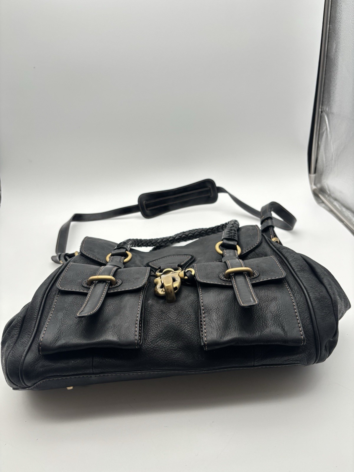 Francesco Biasia Shoulder Bag Leather Braided Handles Buckle Pockets Crossbody