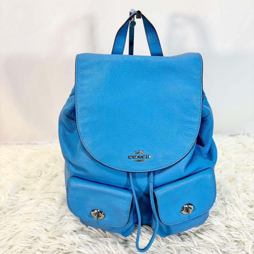 COACH Leather Backpack Turn Lock Pebbled Leather Blue From Japan