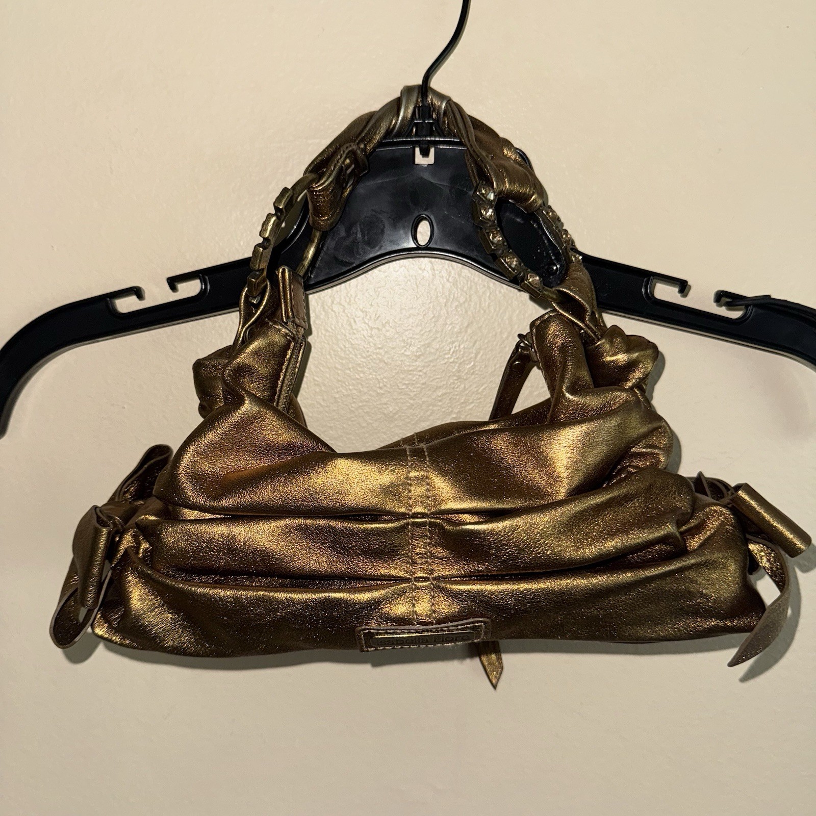Vintage Y2K Isabella Fiore Metallic Bronze Gold Rhinestone Ruched Shoulder Bag
