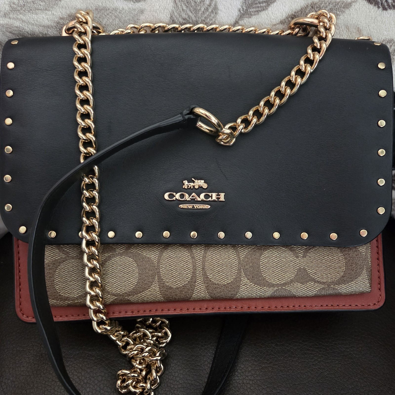 Coach Klare Sign C Studded Small Crossbody, Snake Embossed, Gold F2122-90400