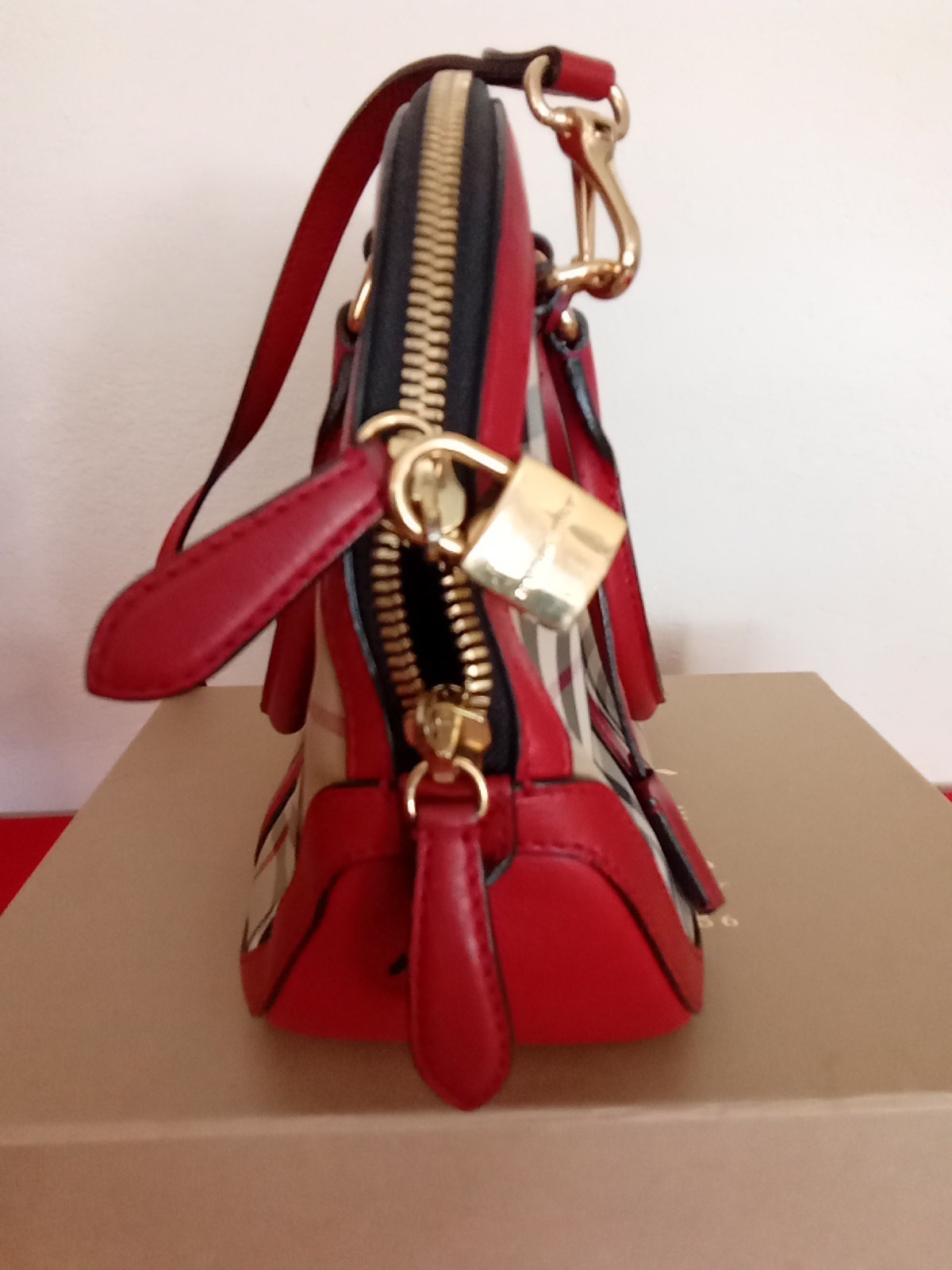 Burberry Red Horseferry Check Canvas Leather Small Orchard Bowling Bag