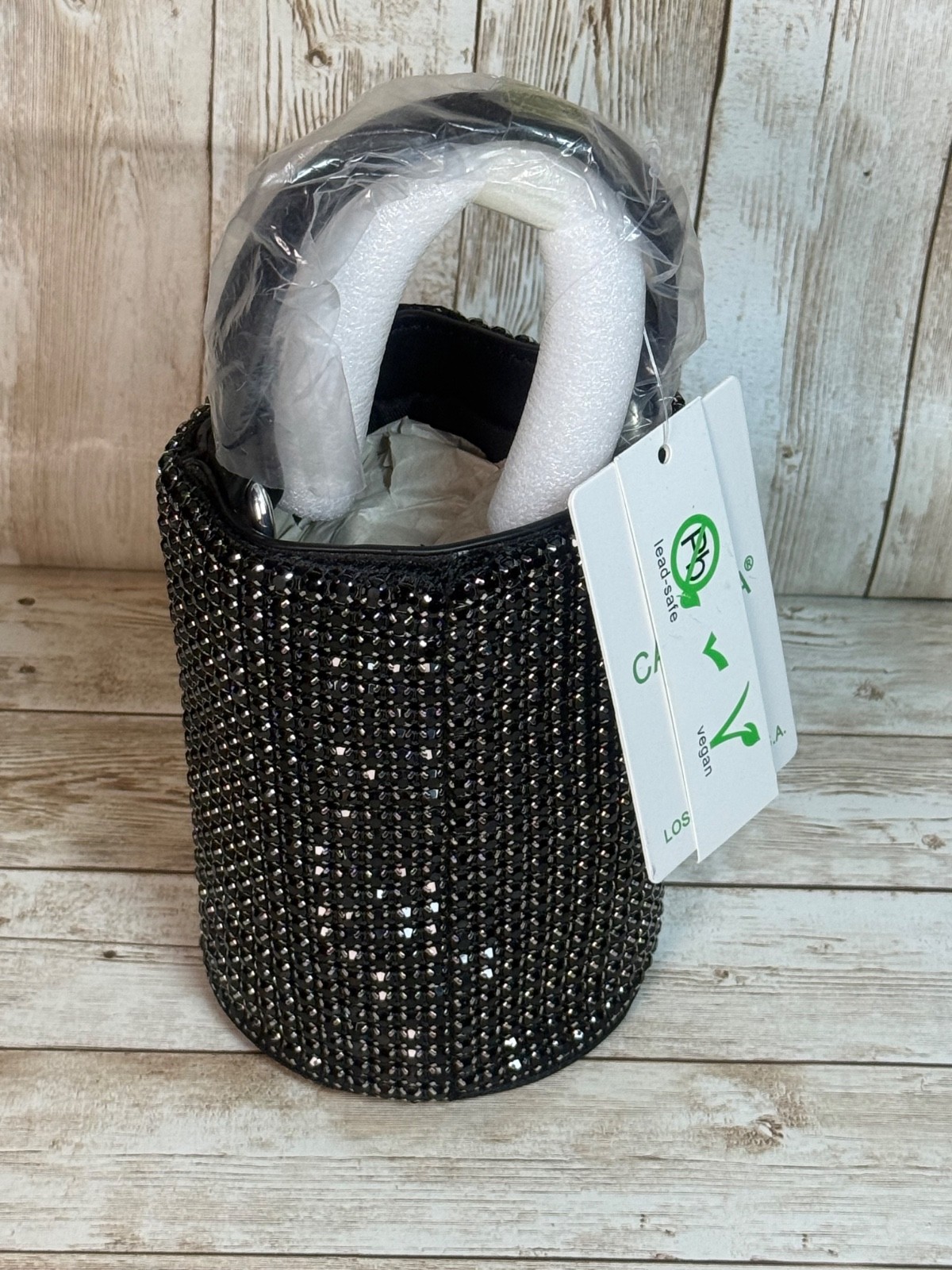 Caleesa Black Rhinestone Studded Cylinder Hand Crossbody Evening Bag