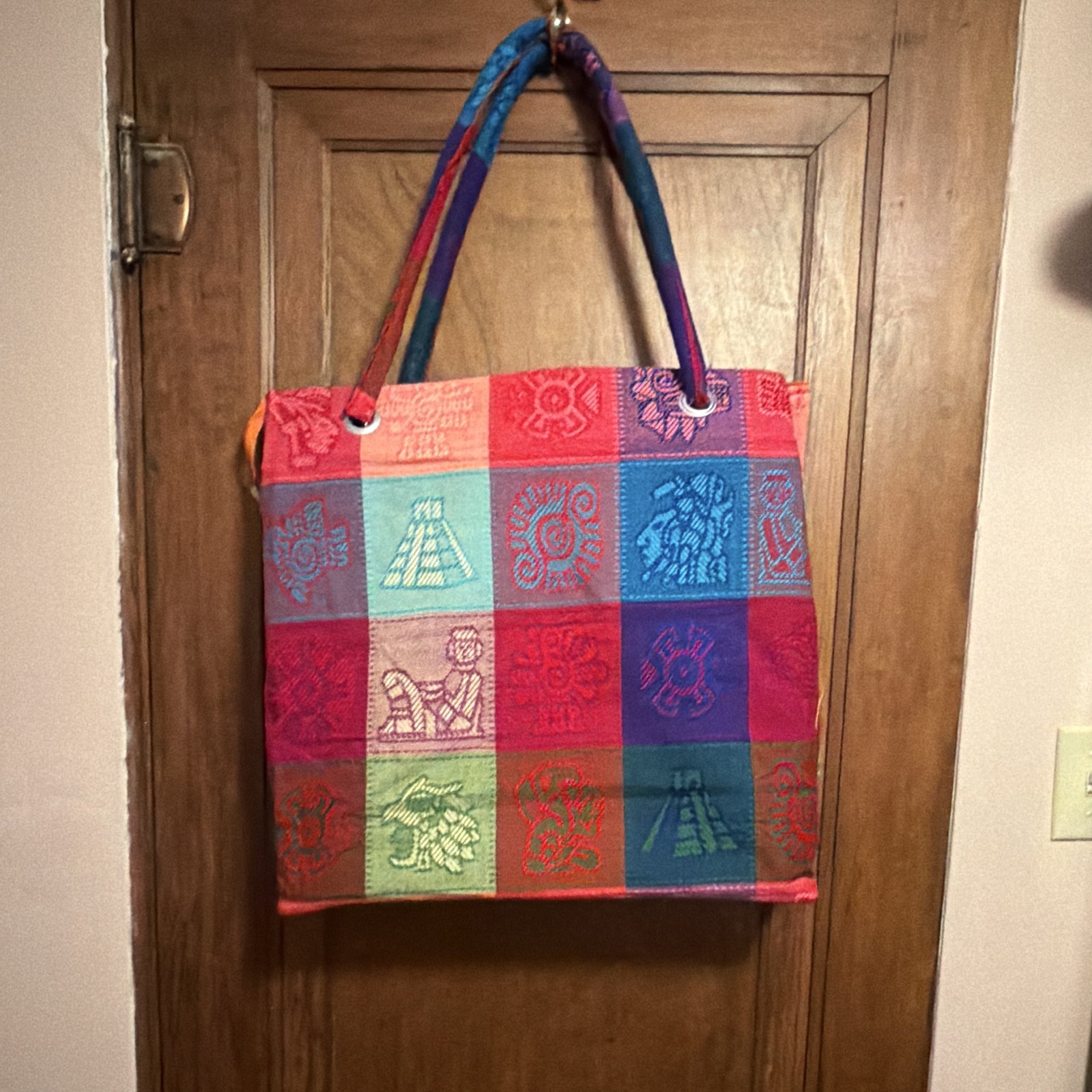 Multicolor Woven Tote Bag Zip Top Lined Outer Pockets Double Handles Mexico