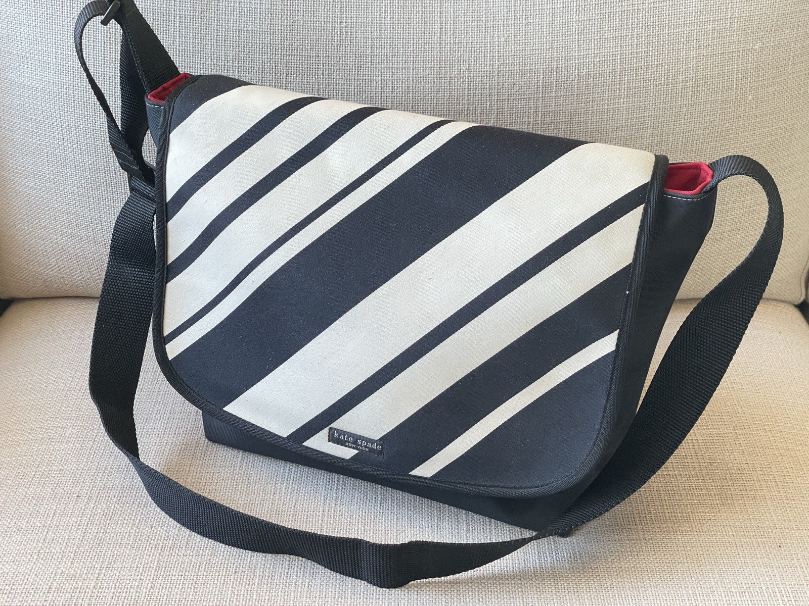 Kate Spade Black & White Diagonal Stripe Messenger Shoulder Bag