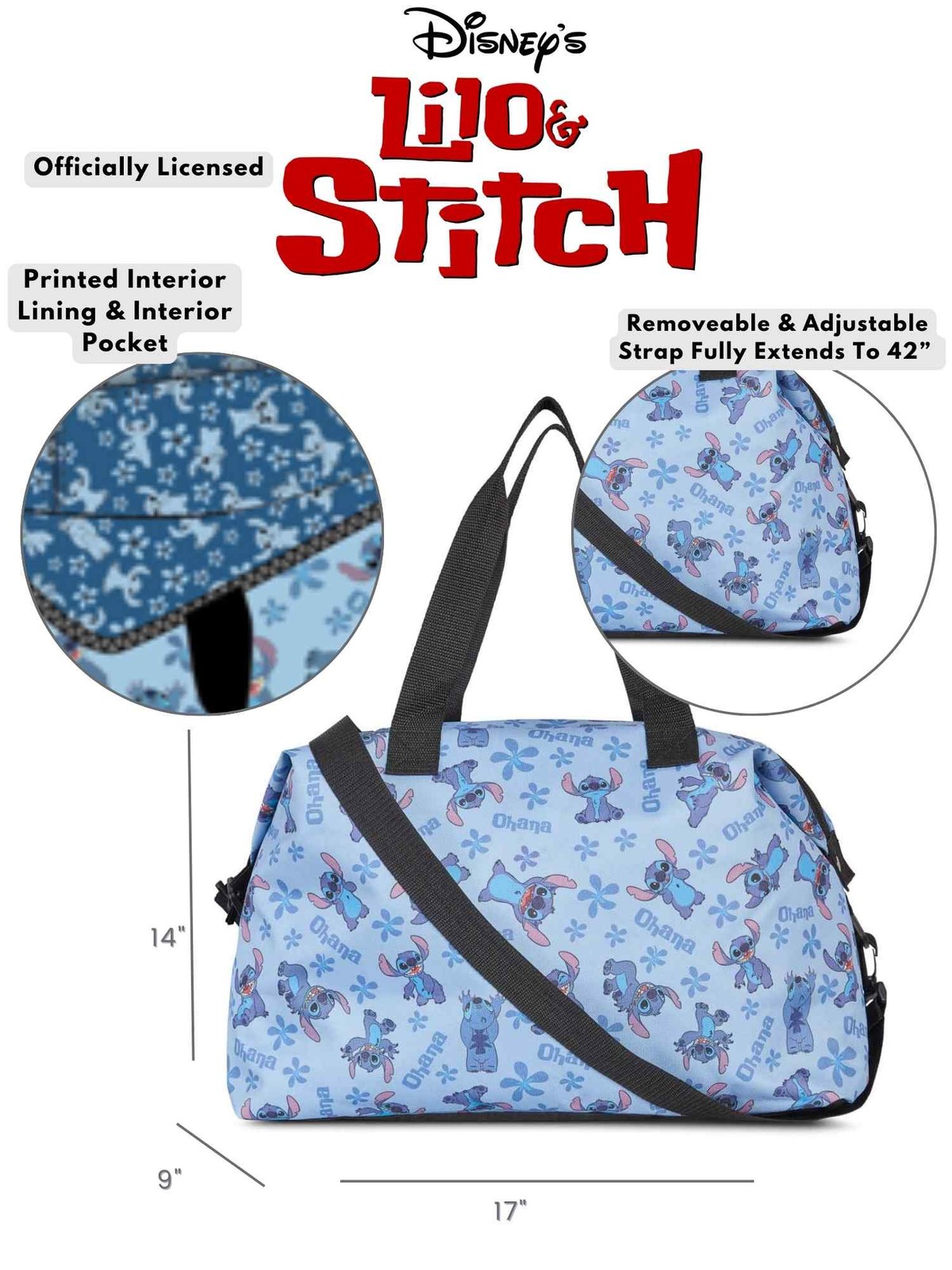 Disney’s Lilo & Stitch Weekender Duffel Bag Travel Carry-On All-Over Print Blue