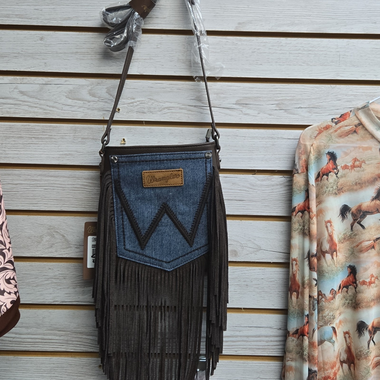 Wrangler Small Denim Fringe Crossbody Bag Zip Closure Brown Strap Pockets
