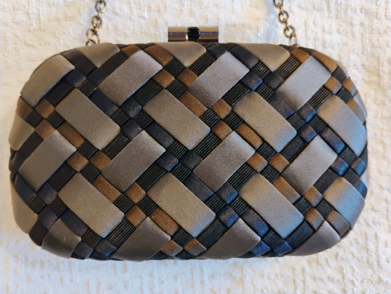 ⚫ Sondra Roberts Evening Clutch Satin Weave Crystal Clasp Black Stainless Steel