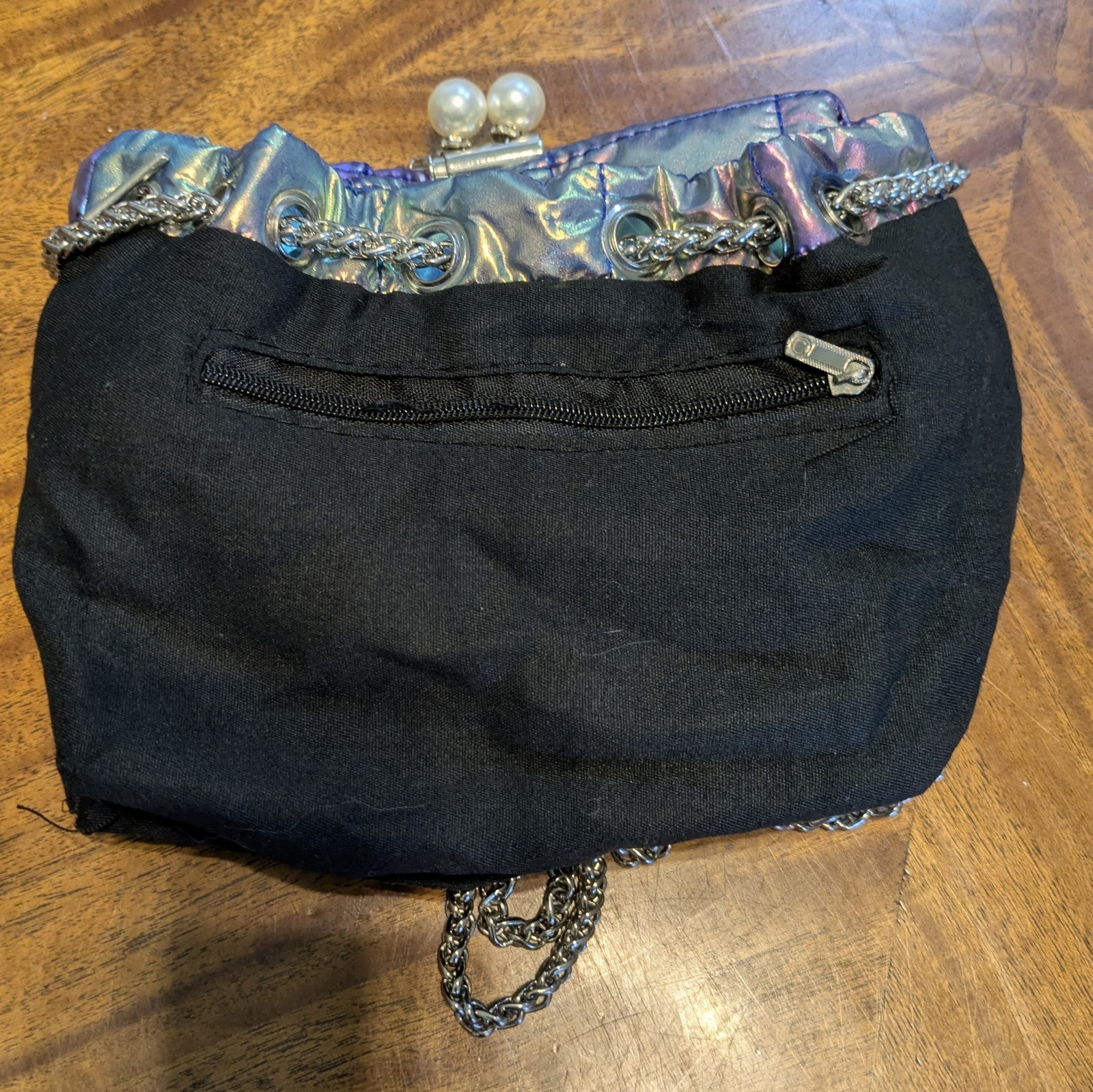 Small Iridescent Metallic Quilted Shoulder Bag Chain Strap Pearl Accent Purse