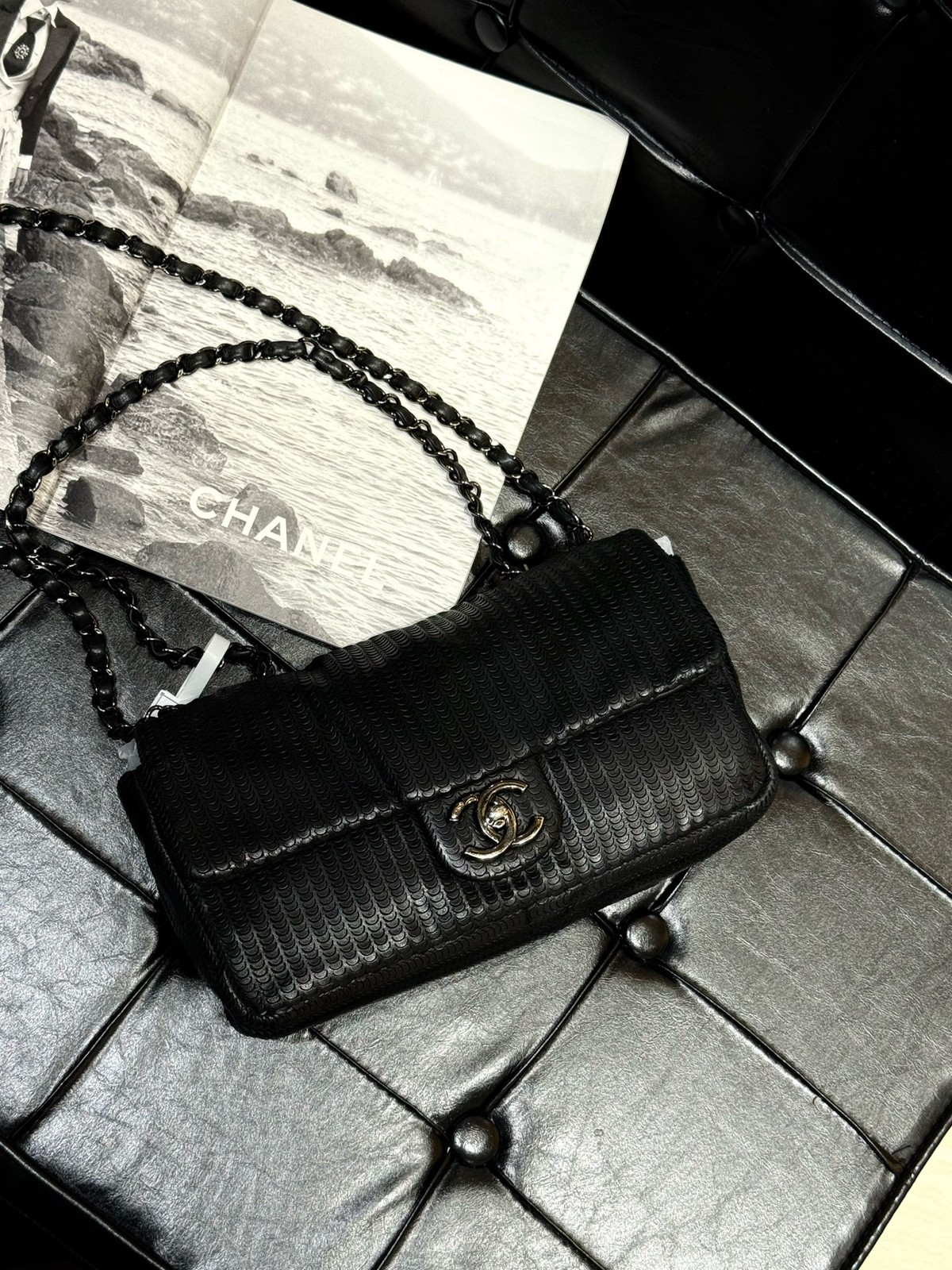 AUTH Chanel Black Scales Embossed Leather Medium Classic Flap Bag Black HW used