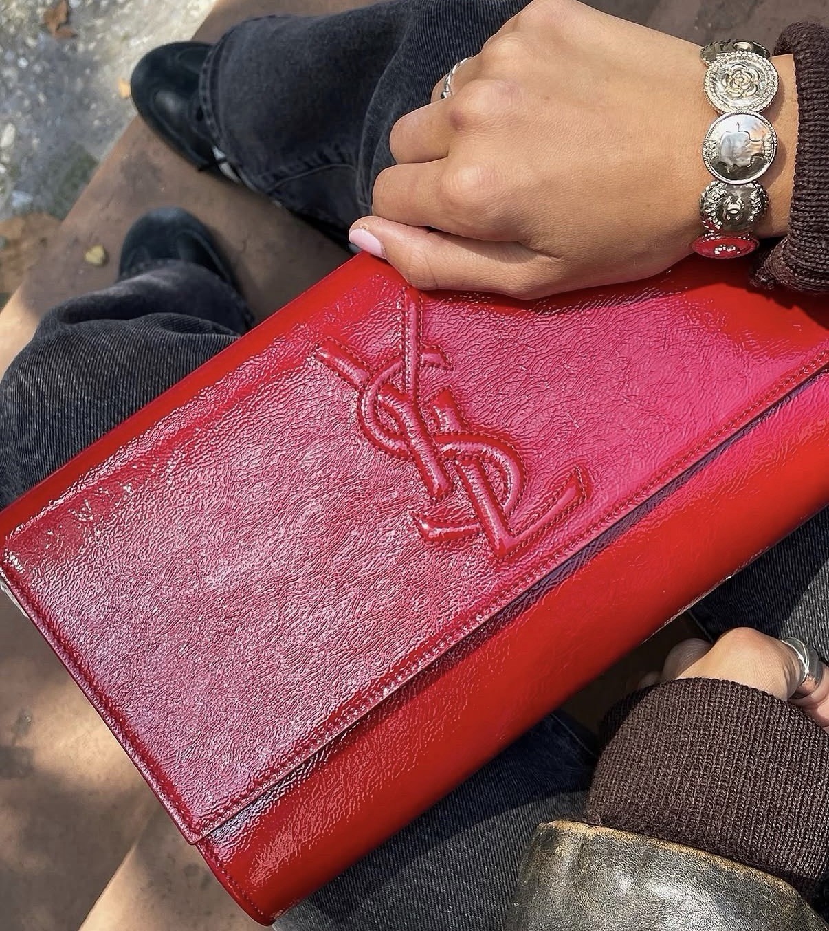 YVES SAINT LAURENT YSL Belle De Jour Patent Leather Clutch Bag Red Used Once