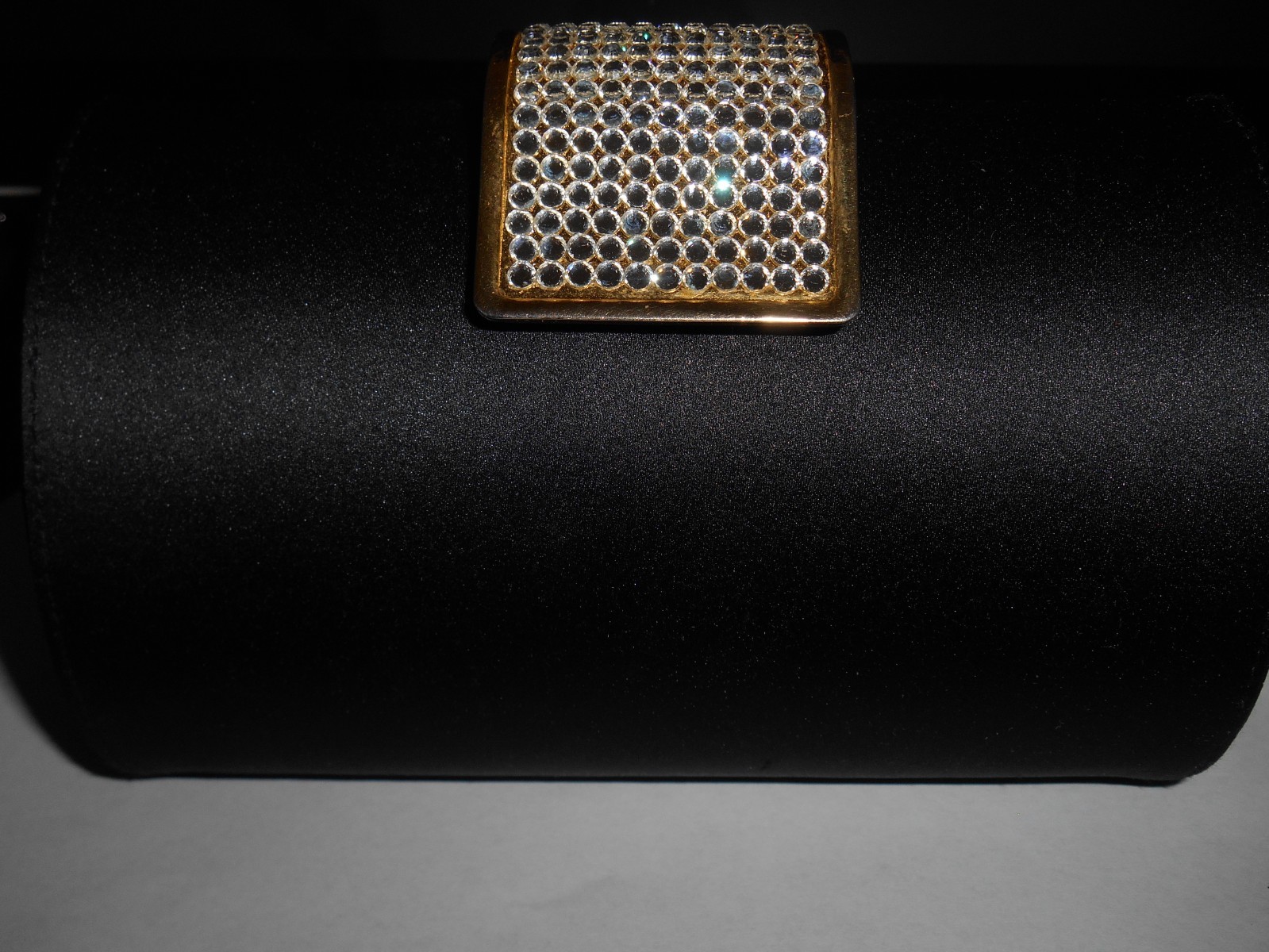 BLACK SATIN HARD TOP EVENING BAG WITH GOLD PLATED & RHINSTONE BUCKEL
