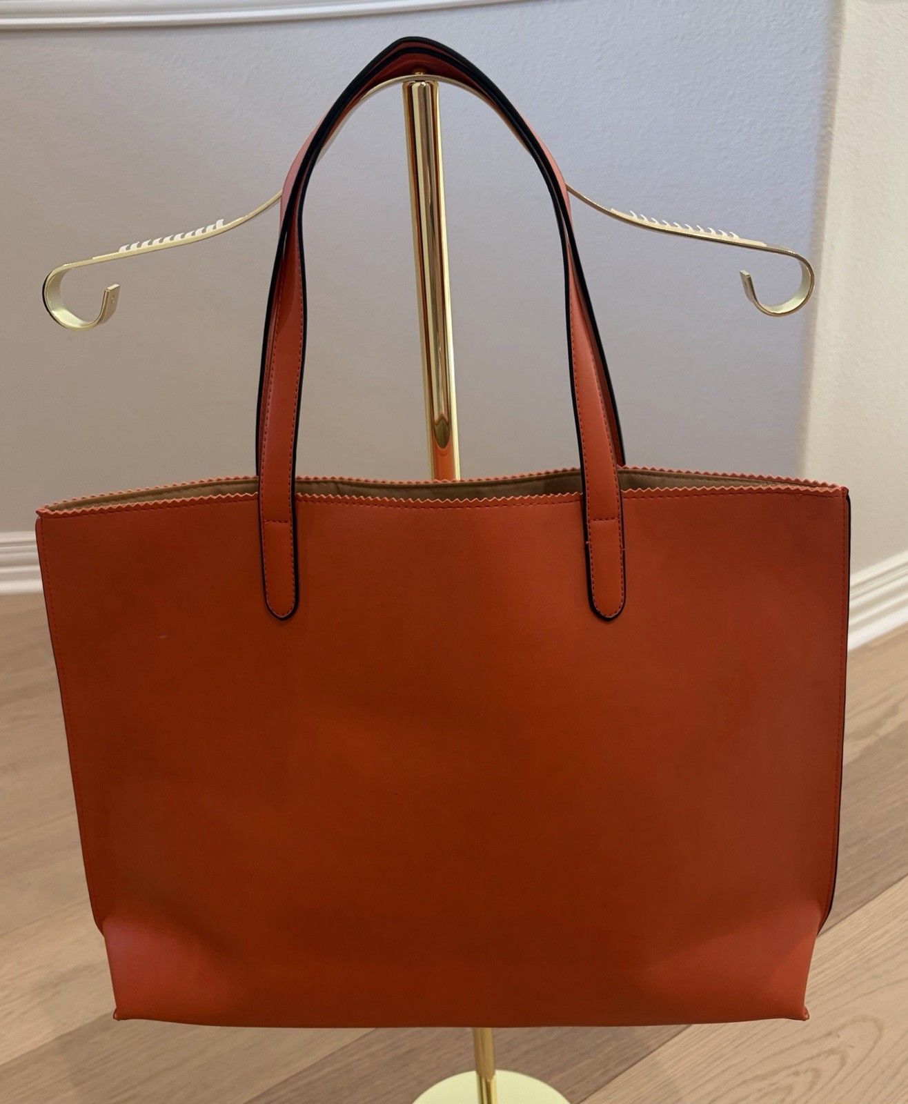 Neiman Marcus Orange Solid Tote Bag Cut Out Lined Double Handles Beige Lining
