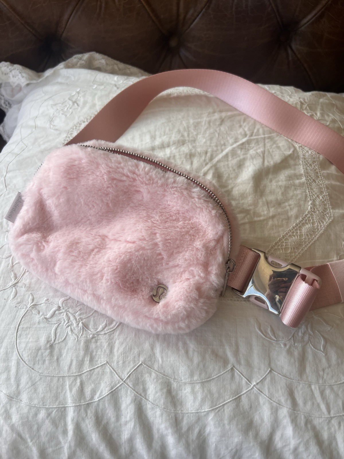 Lululemon Pink Faux Fur Belt Bag Fanny Pack Adjustable Strap Logo Accent