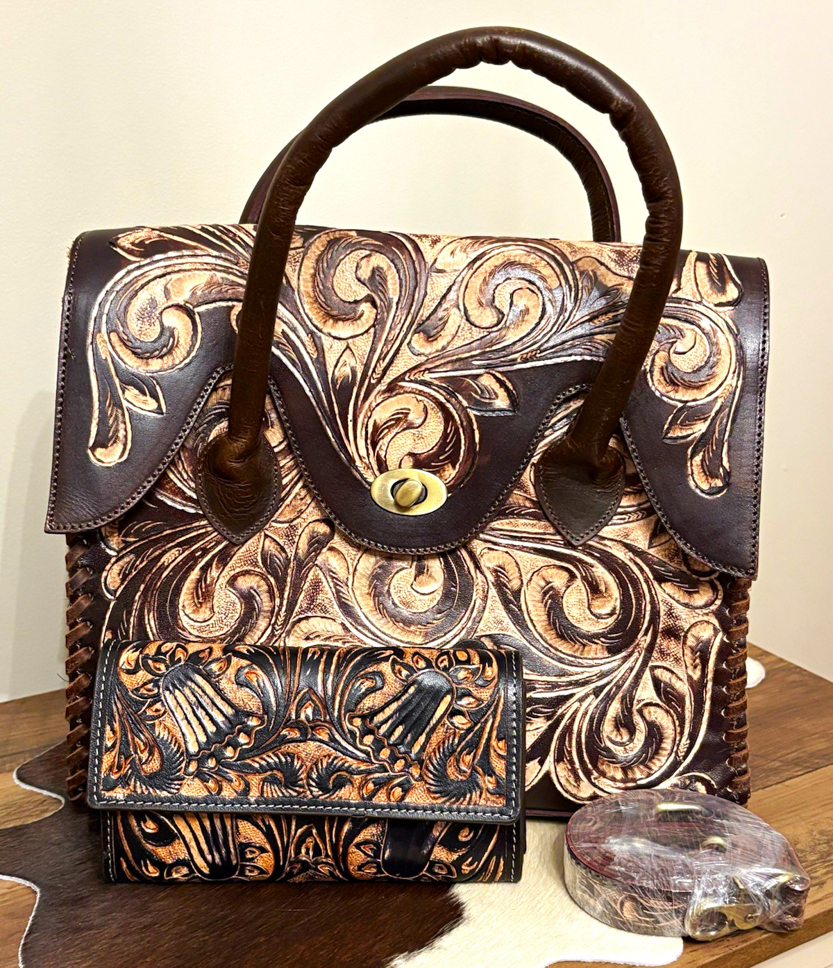 Western Tooled Floral Satchel Top Handle Bag Brown Turn Lock Zip w/ Wallet
