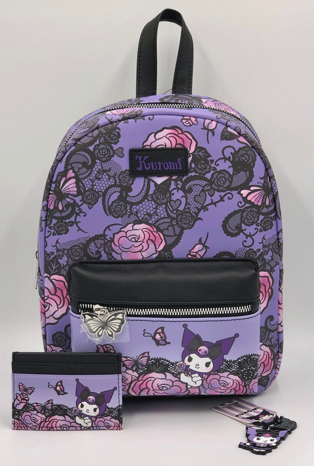 Kuromi Roses Lace Mini Backpack, Cardholder & Kuromi Lolita Enamel Key Chain Set