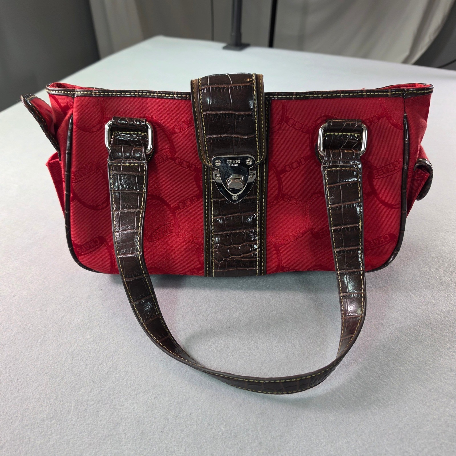 Chaps Red Jacquard Canvas Shoulder Bag Brown Croc Embossed Trim Equestrian Bit