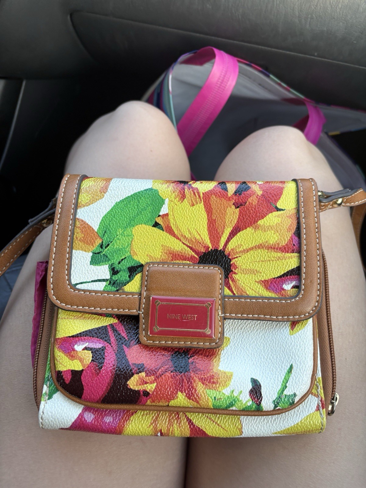 Nine West Floral Multicolor Crossbody Bag Brown Strap Zip/Magnetic Pockets