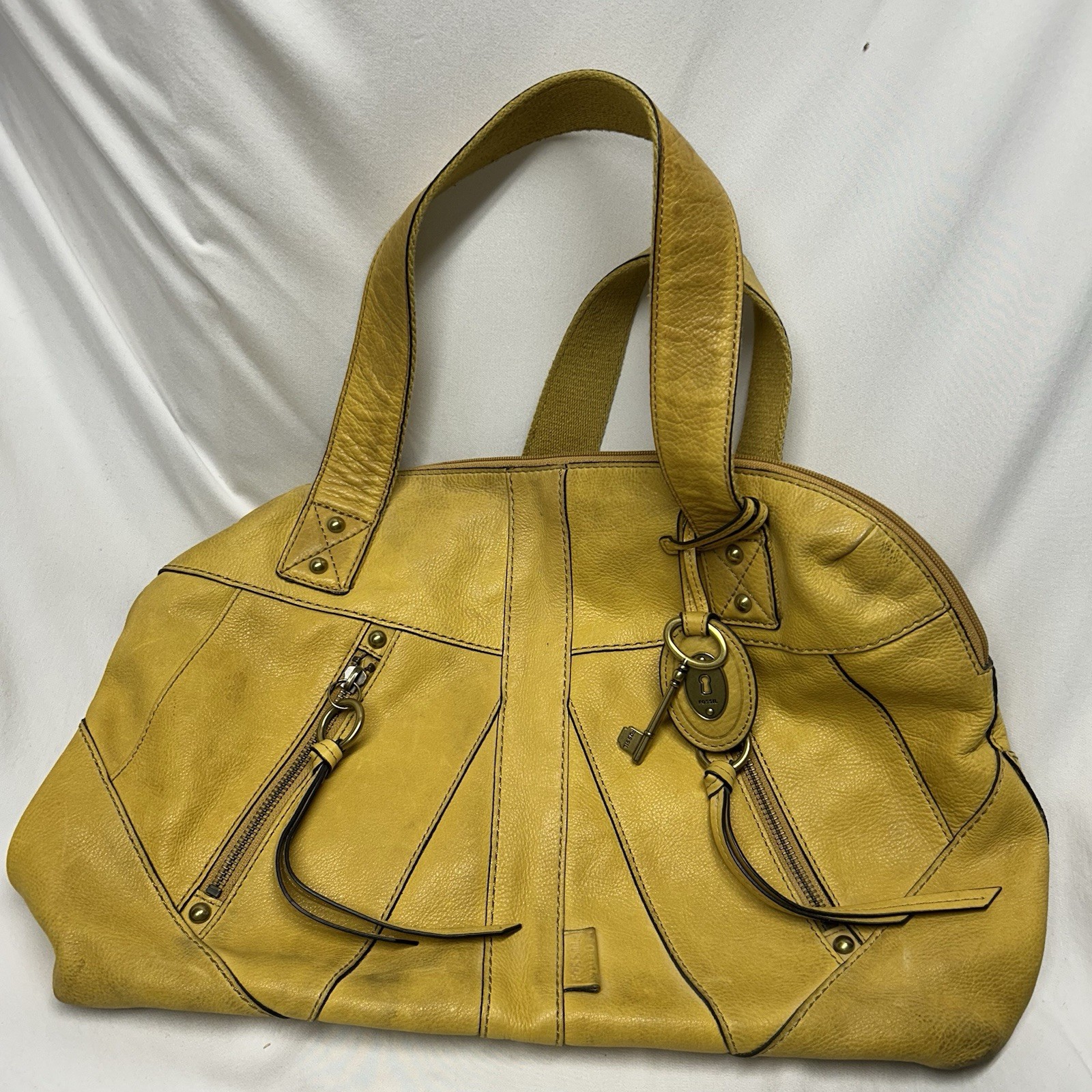 Vintage Fossil Mustard Yellow Leather Tote Shoulder Bag Key Fob Series RARE