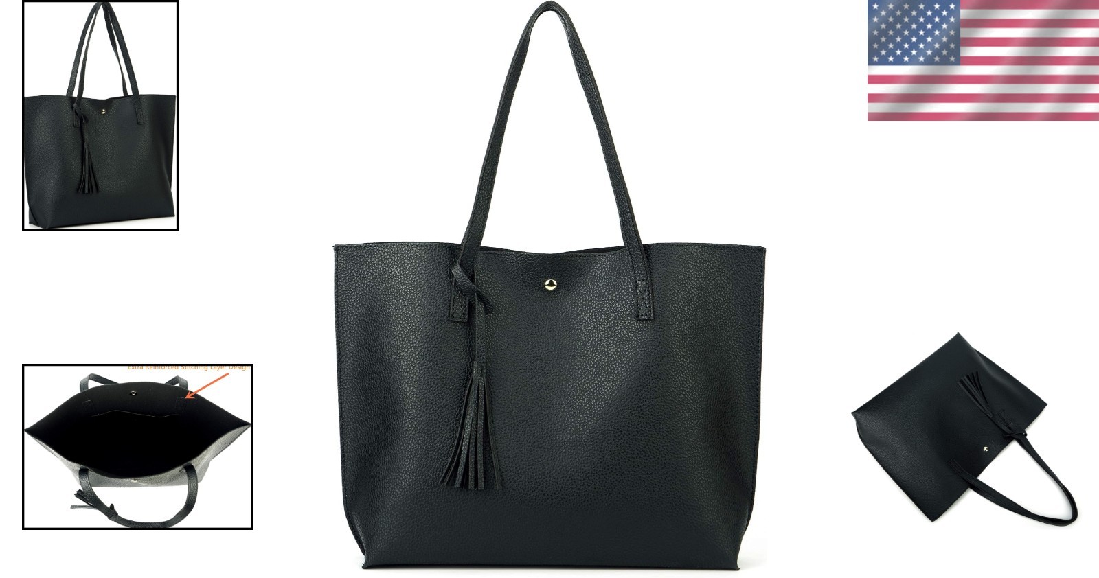 Trendy Black PU Leather Tote: Lightweight Handbag with Tassel & Multiple Pockets