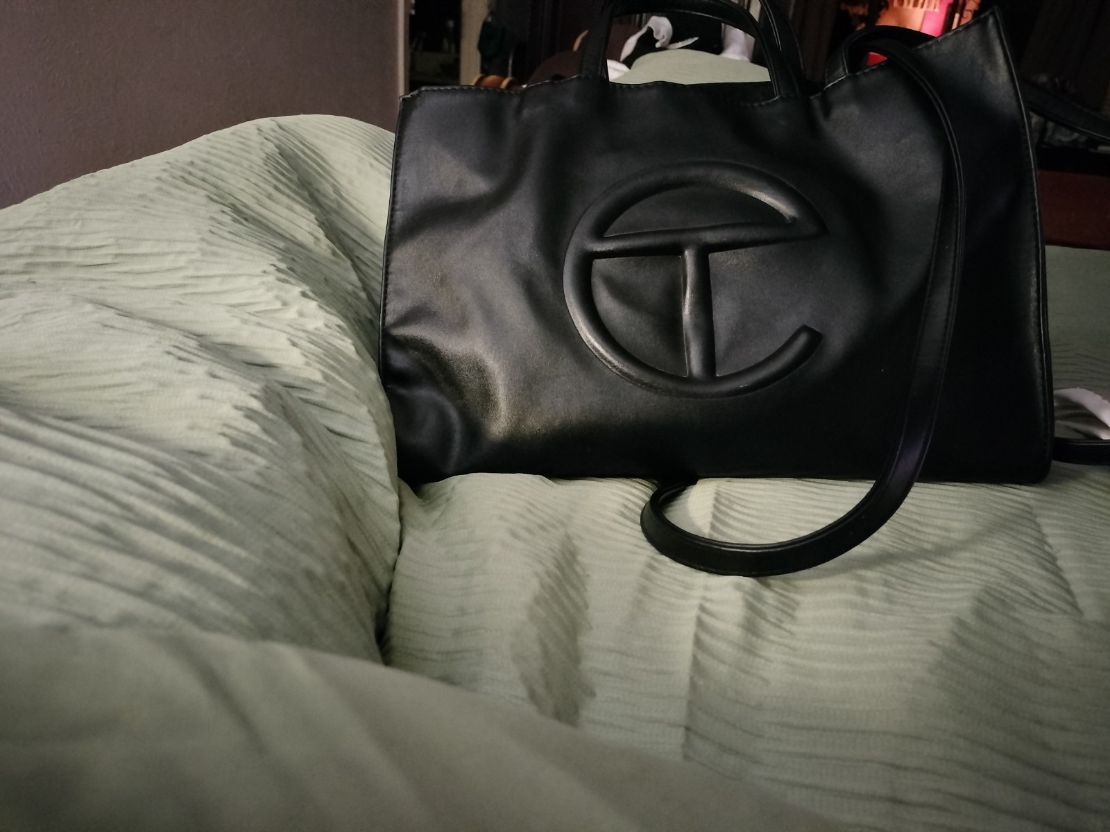 Telfar Black Tote Bag Solid Rectangle Logo Accent Shoulder Strap Women’s