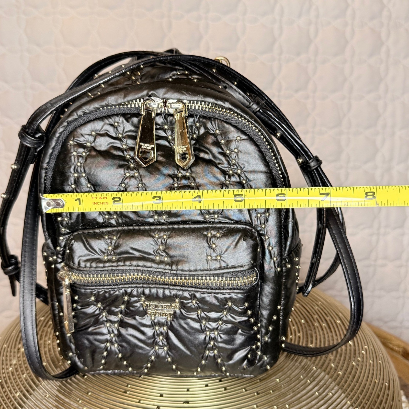 Victoria’s Secret Mini Backpack Black Quilted Nylon Gold Studded Small Bag