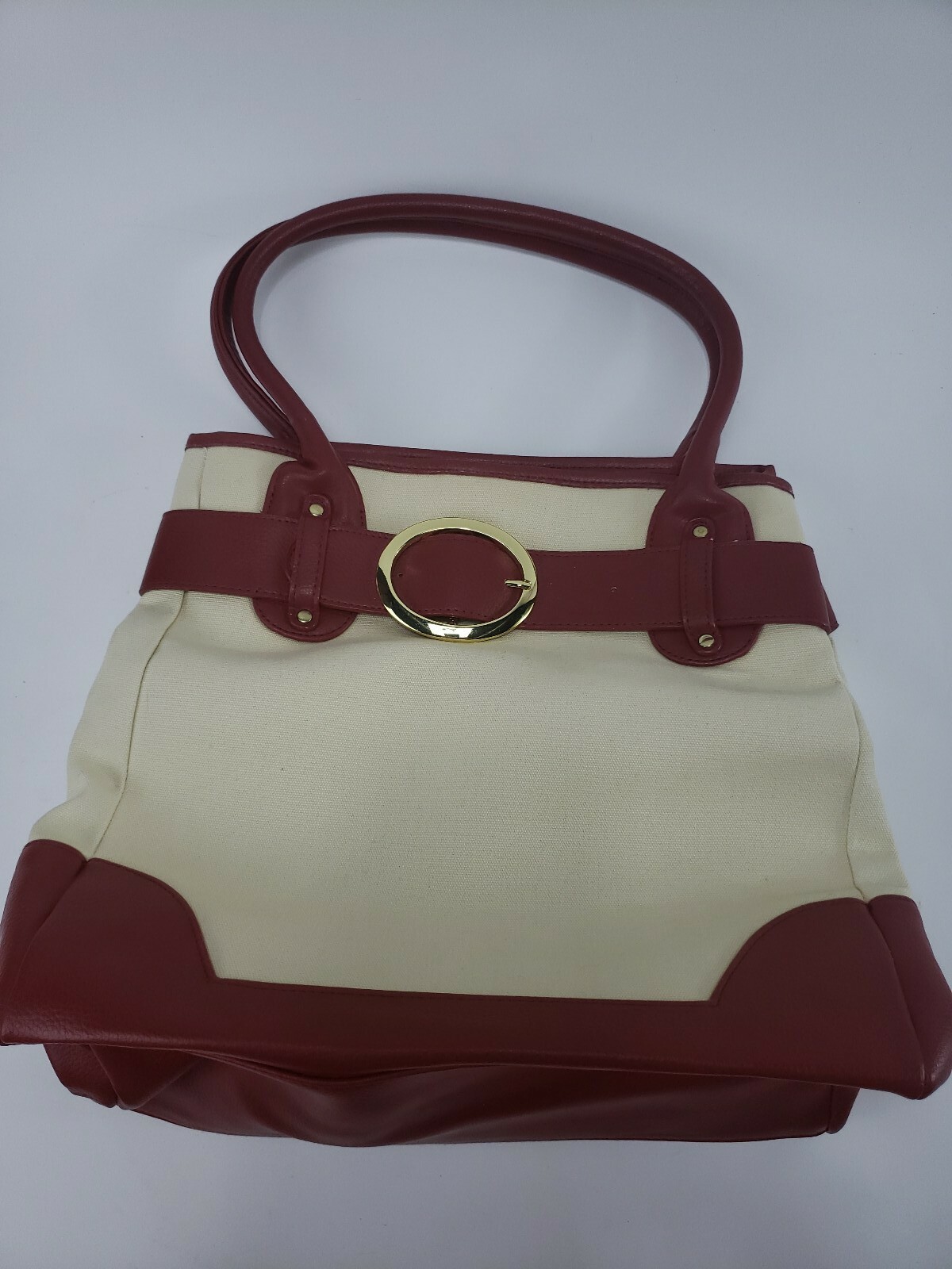 Red Beige Tote Bag With Gold Colored Buckle 12″ x 6″ x 12.5″ Strap Drop 6″