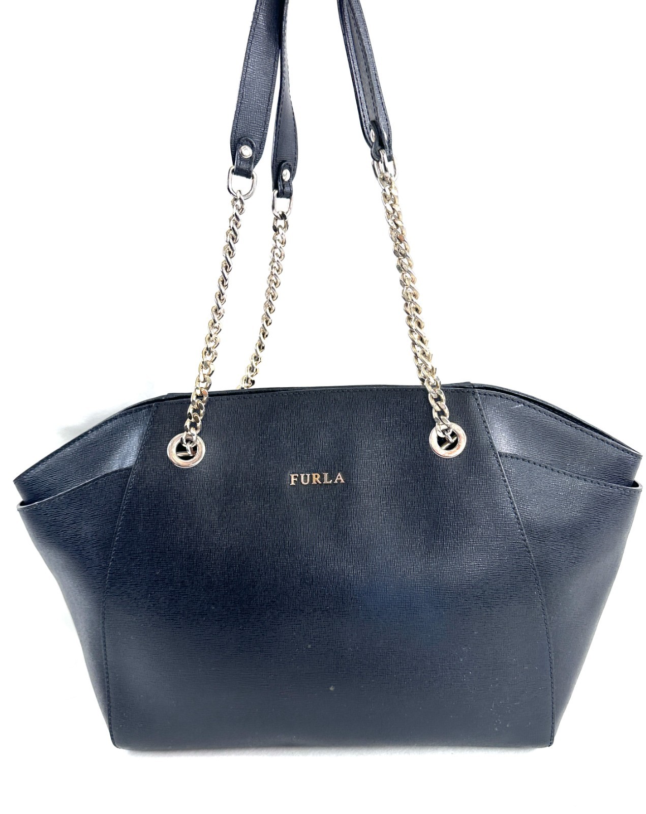 FURLA Julia Black Leather Shoulder Bag Side Pockets Brass Chain Strap Designer