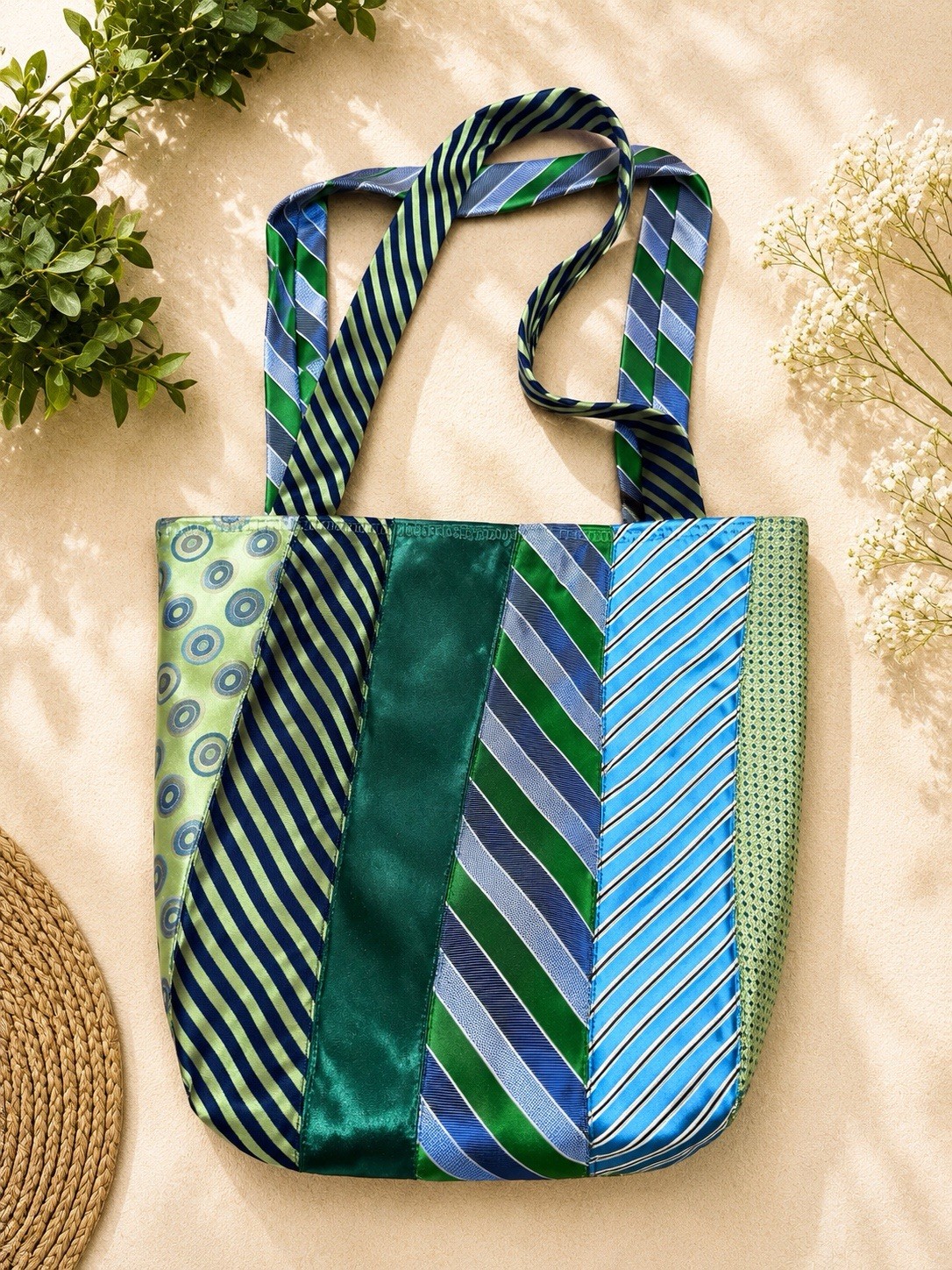 Upcycled Green & Blue Multicolor Vintage Tie Tote Reusable Shopping Bag
