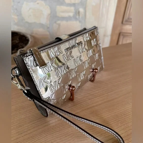 Michael Kors Mason Medium Duffel Satchel Bag Metallic Silver + Double Zip Wallet
