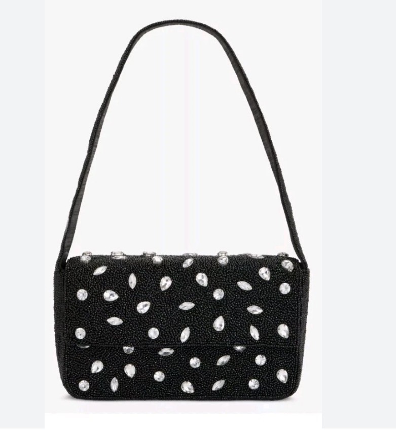On 34th beaded shoulder bag with crystal embellishments – Black and silver